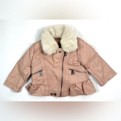 URBAN REPUBLIC Baby Girls' Faux Leather Ruffle Fleece Collar Moto Jacket 12M