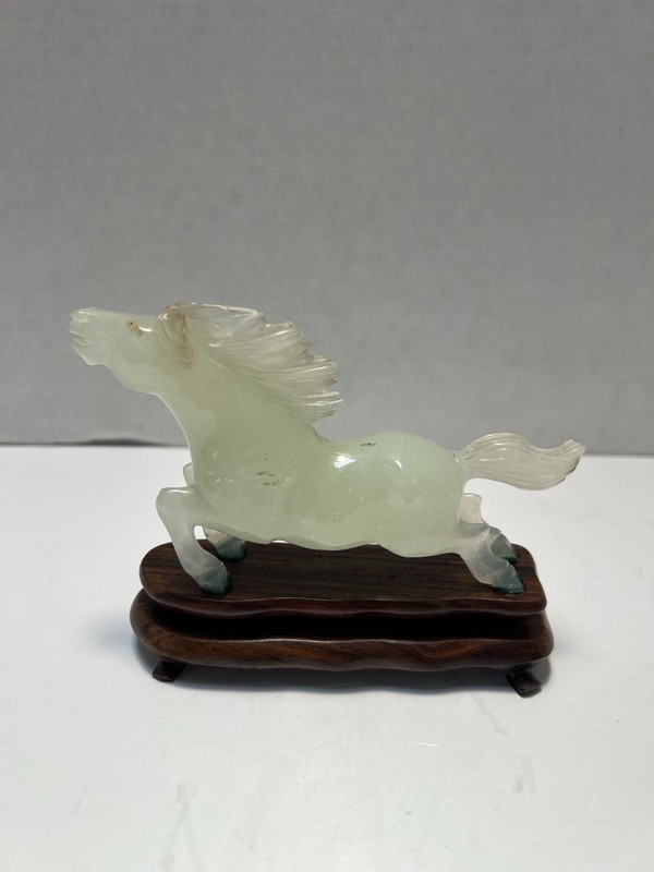 Vintage Chinese Jade Horse On Rosewood Stand