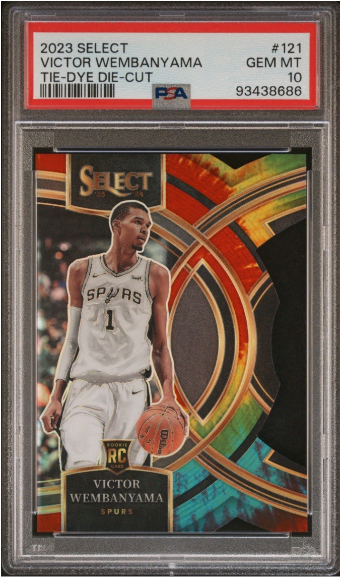 2023 Select: Victor Wembanyama, Rookie Tie-Dye Die-Cut /25, #121 Premier, PSA 10