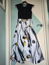 Adrianna Papell Tulip Print Maxi Dress Size UK 6 Black Bodice Evening Gown Belt