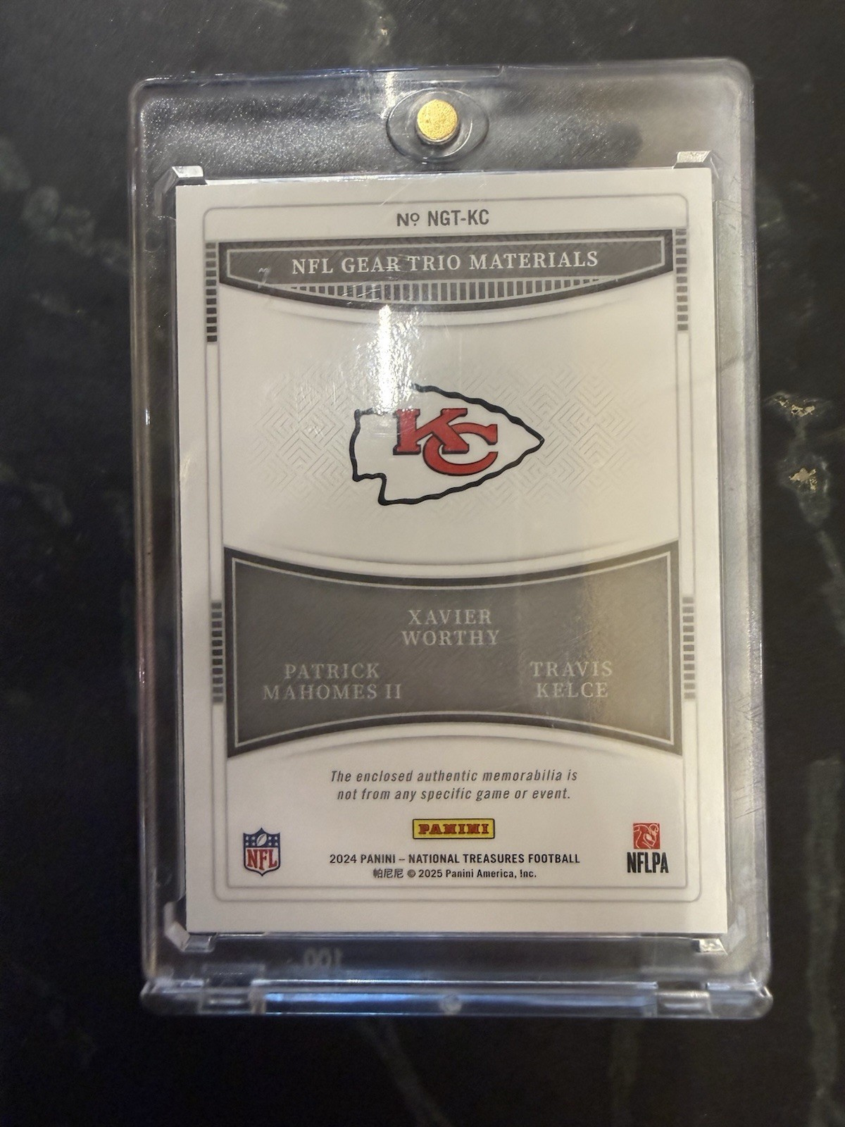 Mahomes Kelce Worthy 2024 National Treasures Triple Patch 24 of 25 Panini view 4