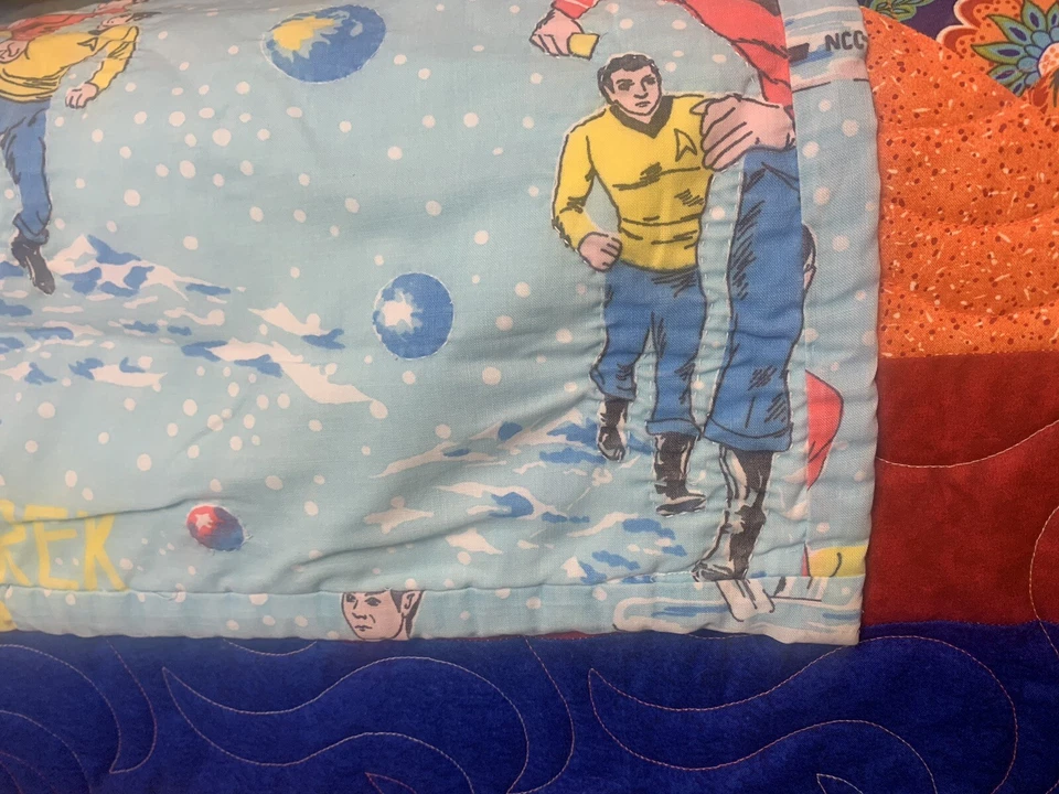 Vintage Handmade Kids Star Trek Fabric Comforter Quilt Unique Blanket Space Ship - Image 4 of 4