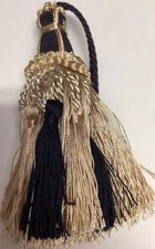 5&1/2" NAVY BLUE CREAM TIED KEY TASSEL FABRIC TRIM  LOT OF 2