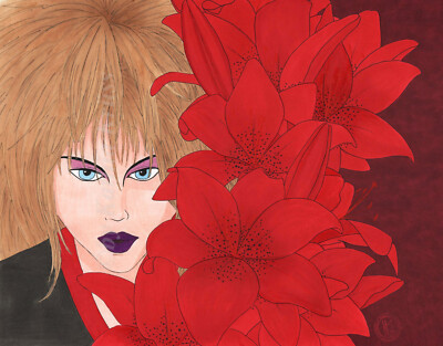 Kunstdruck Illustration Wandbild rote Lilien Blumen Frau lüsternd Blick eyecatch