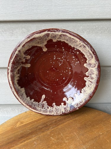 Vintage Dark Red Tan Drip Glaze Speckled Studio Art Pottery Bowl 9" Signed RF