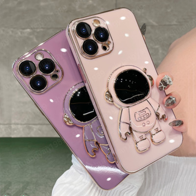 Plating TPU Astronaut Stand Case For iPhone 16 15 14 13 Pro Max 12 11 XR 8 Cover
