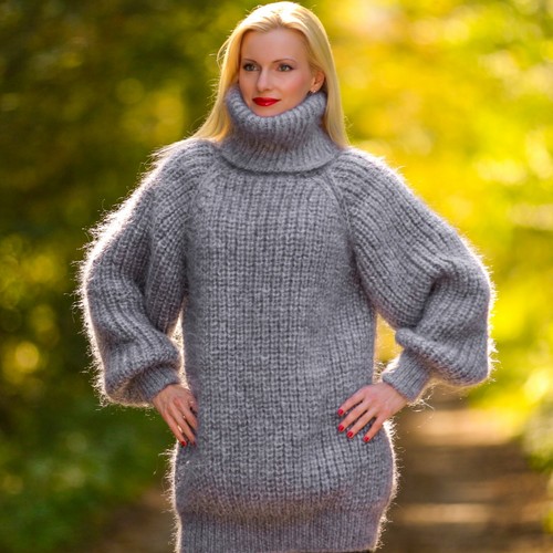Grey mohair sweater ribbed hand knitted 