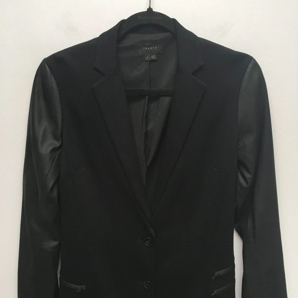 Chaqueta Blazer Theory Mujer Negra Cuero Cabra Mangas Largas Bolsillos Forrada 6 Foto 2 de 4