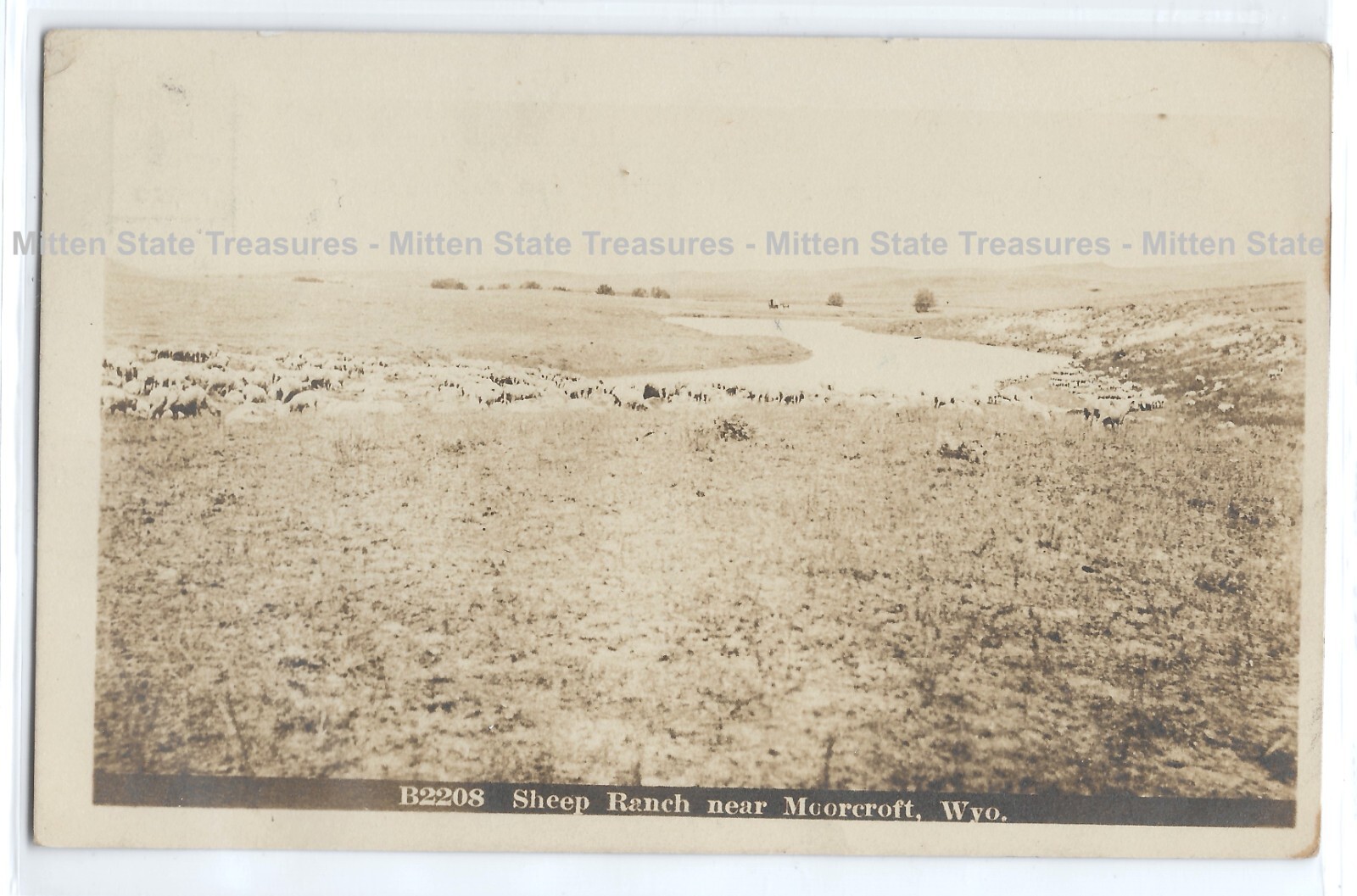 Sheep ranch, river, winter, Moorcroft, Wyoming; history, photo postcard RPPC eBay