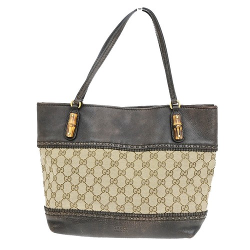 GUCCI Logo GG Laidback Crafty Shoulder Tote Bag Bamboo Canvas Leather BN 35FB230