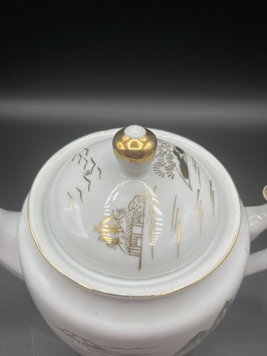 Vintage Kutani HandPainted White & Gold Teapot, Cream and Sugar Mt. Fugi Village - Picture 4 of 14