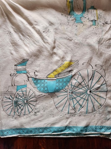 Vintage Square Scarf 30x30 Carriage Wrap Shawl Teal White Fabric - Picture 2 of 7