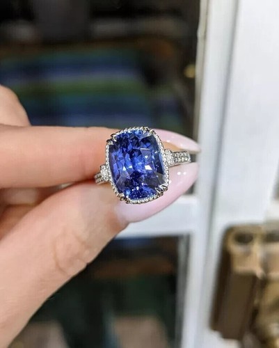 Anello donna aureola taglio cuscino 2,20 ct zaffiro simulato placcato oro bianco 14 carati - Foto 3 di 3
