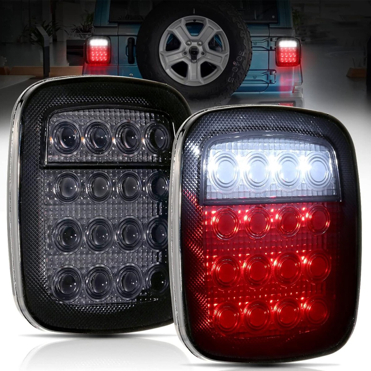2x 16-LED Smoked Tail Light Assemblies For Jeep Wrangler TJ CJ YJ – Red/White Lenses, 12V Brake Turn Reverse - View #2