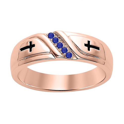 0.40 ctw Created Blue Sapphire 14k Rose Gold Over Double Cross Band Men's Ring - Picture 2 of 5