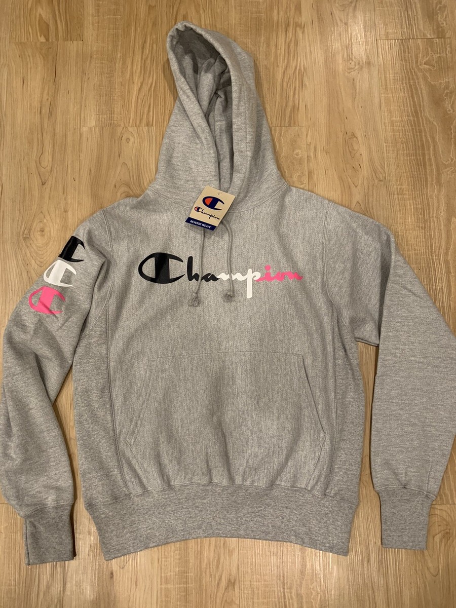 Champion Men's Reverse Weave Pullover Hoodie Colorblock Logo Gray