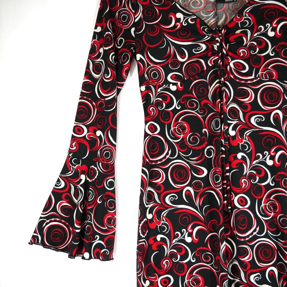 Vintage Trixxi Women's Flare Sleeve Y2K Swirl Pattern Red Midi Dress Size M  - Image 3 of 4