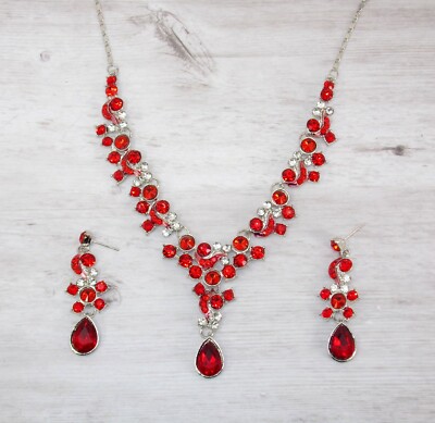 [Miae] [Sepia] (紅梨) Necklace + Earring SET Sparkling Red Crystal Necklace and Earring Set with teardrop