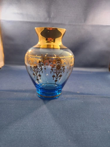 Vtg Vecchia Murano Vase Cobalt Blue Glass Gold Gilt 5"