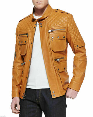 BROWN Men's Jacket Genuine Lambskin Leather Biker Fit Handmade Casual Motorcycle