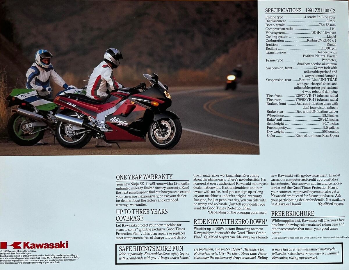 1991 Kawasaki ZX1100-C2 4-page fold-out brochure-literature 1991 Kawasaki ZX1100-C2 4-page fold-out brochure-literature