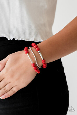Paparazzi Bracelet - New Adventures- Red and Silver Bead Stretchy