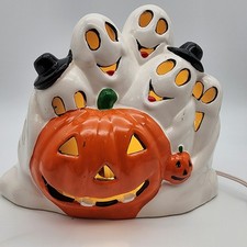 Vintage Halloween Ceramic Lighted Pumpkin Ghosts Jack-O-Lantern Black Orange