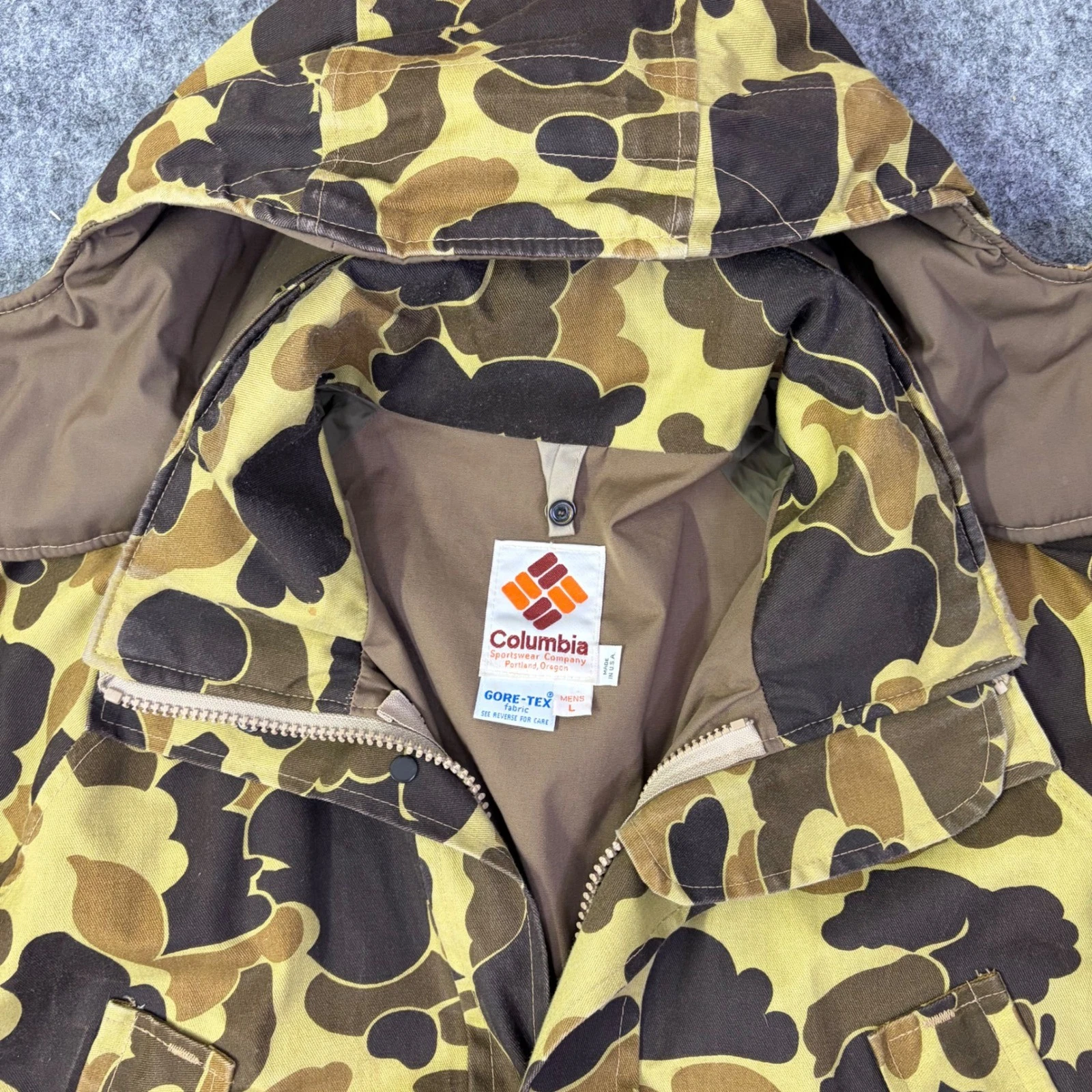 Columbia Mens Gore-Tex Duck Hunter Camo Parka L Brown Vintage Hunting Jacket USA - product detail image 4