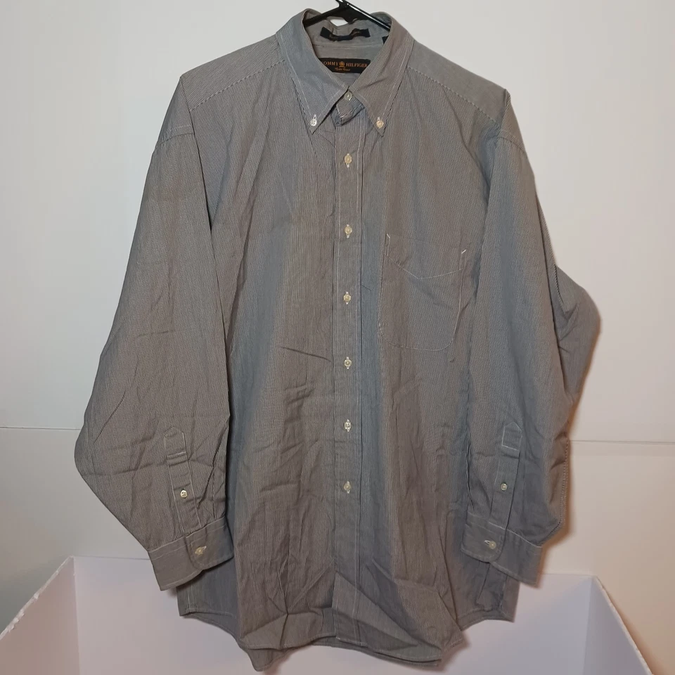Camisa de vestir Y2K Tommy Hilfiger con escudo dorado plateado pata de gallo para hombre talla XL 16-33 Foto 2 de 4