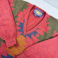 Vintage Chaps Ralph Lauren Aztec Southwestern Wool V-Neck Sweater Red L
