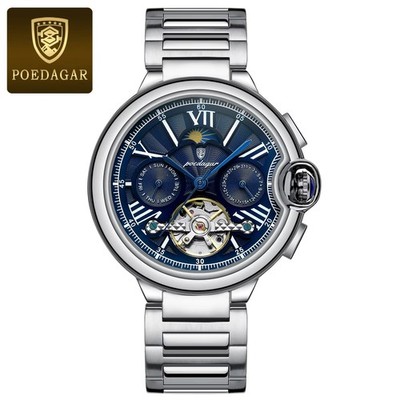 47MM POEDAGAR Automatic Men's Watch Moon Phase 30M Waterproof Stainless Gift NEW