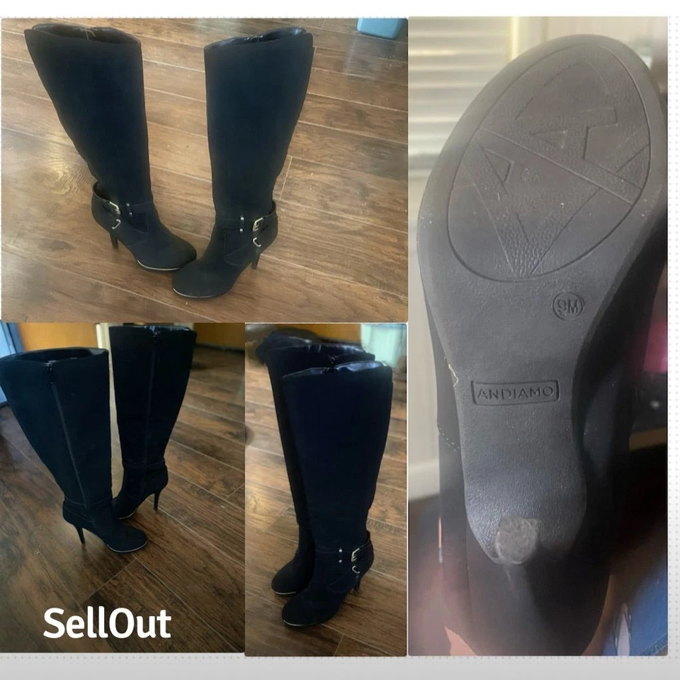 Botas negras hasta la rodilla para mujer talla 9M tacón alto hebilla con cremallera Foto 2 de 4