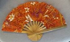 Fan Thai Folding Orange Flowers Hand Bamboo Thailand Decor                         20