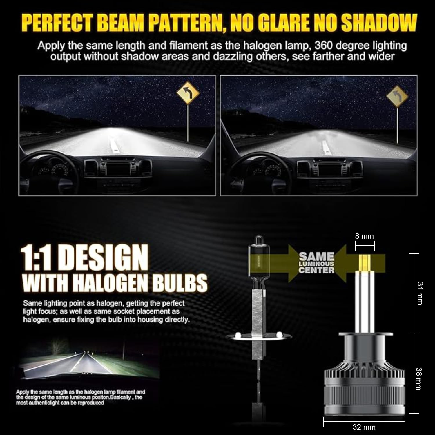 Koyoso H1 LED Lampadine 360° 30000LM 160W LED Lampada per 12V Auto 6500k Bianco - Miniatura 4