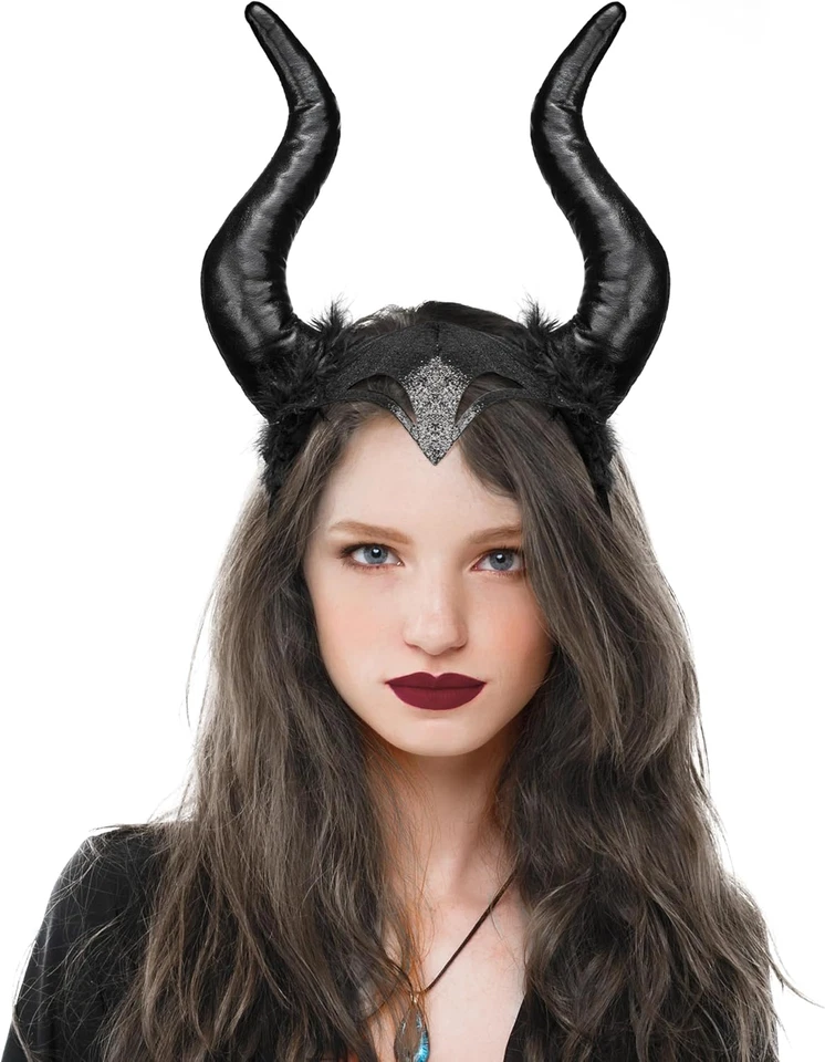 Diadema de cuernos de diablo de Halloween, tocado de cuernos de carnero negro, sombreros de dragón para Ki Foto 2 de 4