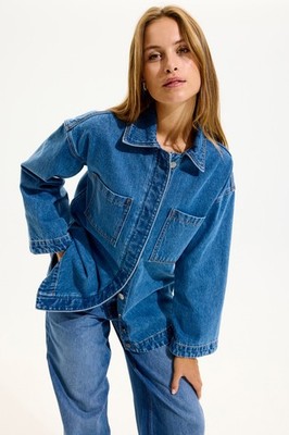Damen Denim Hemd Jeansjacken Style | Mittelblau, Oversize, Verdeckt geknöpft,