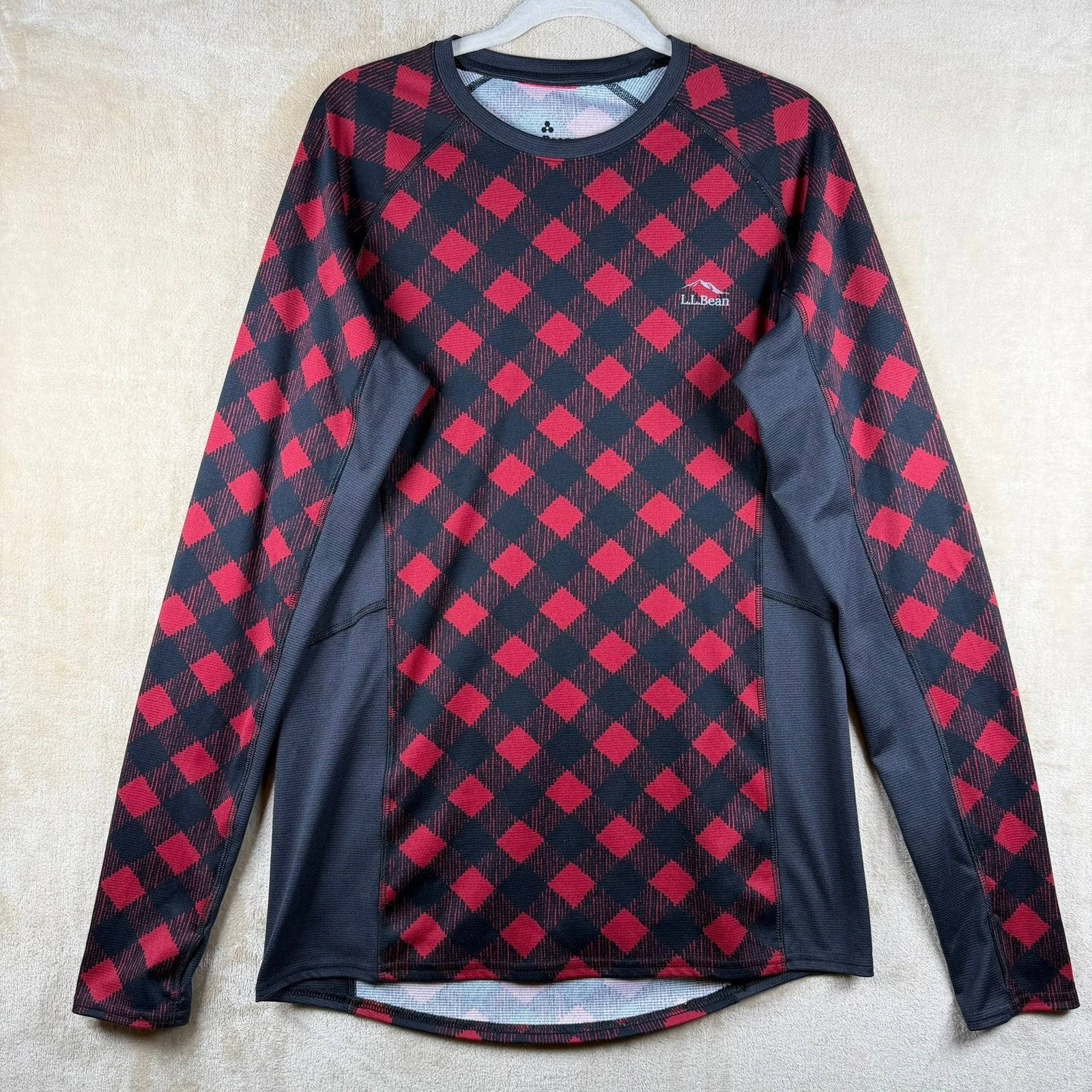LL Bean Mens MT Red Black Buffalo Plaid Base Layer Grid Fleece Top Cabin Core