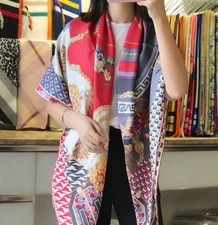 Pure Twill Silk Scarf Bandanna Jewelry Chain Print Square Shawl Large Wrap 53"