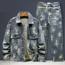 Luxury Men Denim Trendy Two-Piece Set Retro Jeans Washed Casual Jacket Coat