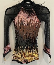 Weissman Rose Gold Long Sleeve Biketard Leotard Dance Outfit Sequins Medium Chil