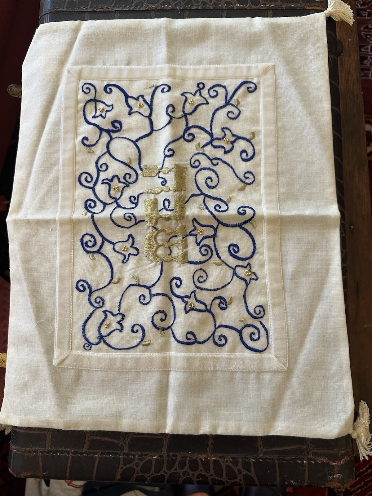 Handmade Judaica Challah Cover/Cloth, Hebrew Text, Blue Floral Embroidery