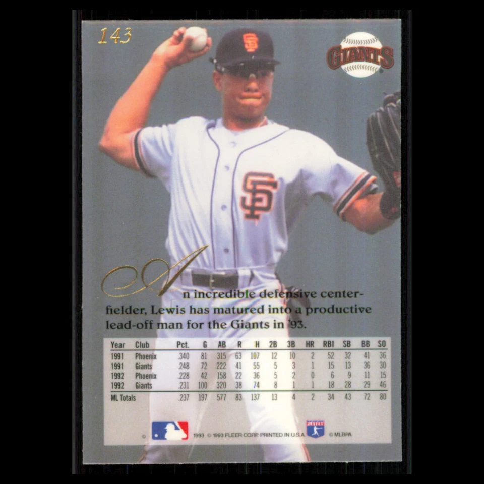 Darren Lewis #143 1993 Flair San Francisco Giants Baseball Card MLB NM - Image 2 of 3