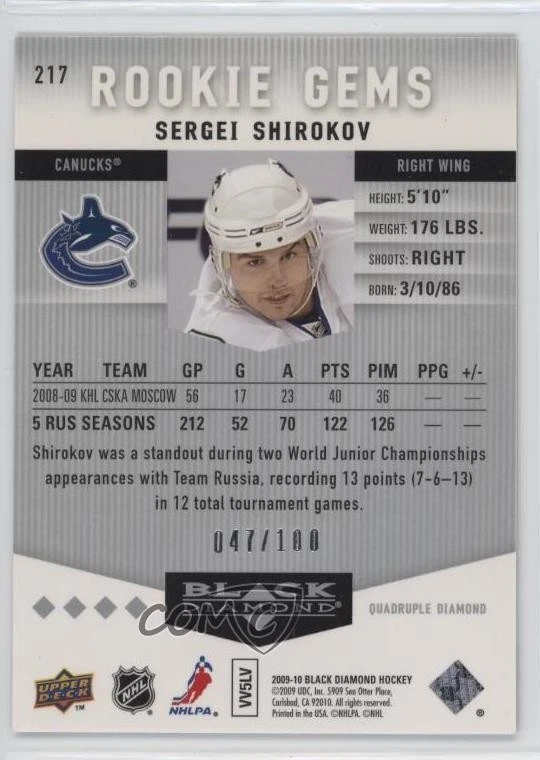 2009-10 Upper Deck Black Diamond Gems Ruby /100 Sergei Shirokov #217 Rookie RC - Image 2 of 2