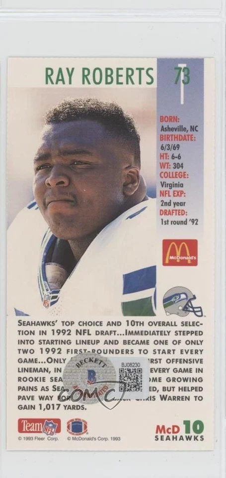 BAS 1993 Fleer McDonald's NFL GameDay Ray Roberts #MCD10 Beckett Auth Sticker - Image 2 of 2