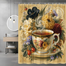Floral Tea Cup Shower Curtain Vintage Botanical Print