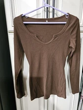 Un Branded Small Long Sleeve Brown Ribbed T Shirt Women's