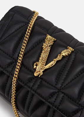 Versace Women's Virtus Mini Bag: Quilted Leather, Golden Chain Evening Bag 