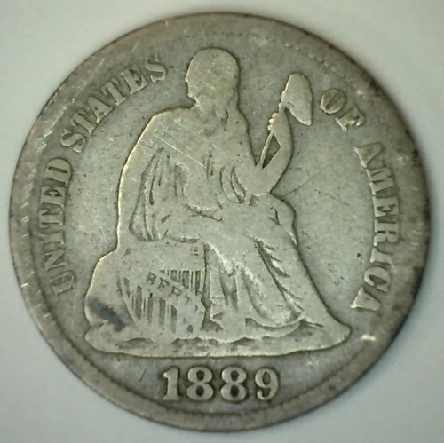1889 S Silver US Seated Liberty Dime US Type Coin VERY GOOD 10 Cents VG 10c