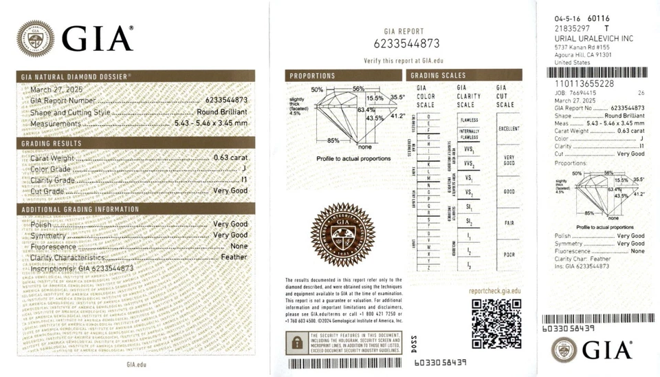 .63 Carat Round Brilliant Cut GIA Dossier  J / I1 Loose Natural Diamond B9626 - Image 4 of 4