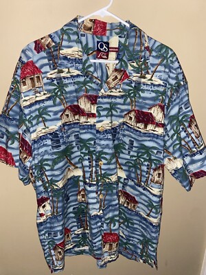 Vintage Quiksilver Shirt Mens M Brown Hawaiian Palm Trees Sun Hut Medium